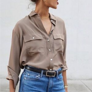 AYR The Deep End in silk Shiitake Taupe Button-Up Blouse